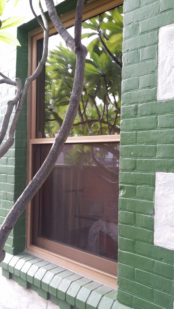 WRC single hung box frame window with double glaze glass.